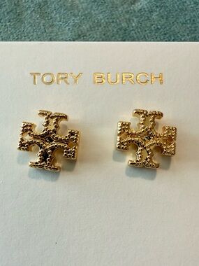 Tory Burch | Gold Plated Icon Textured Logo Stud Earrings